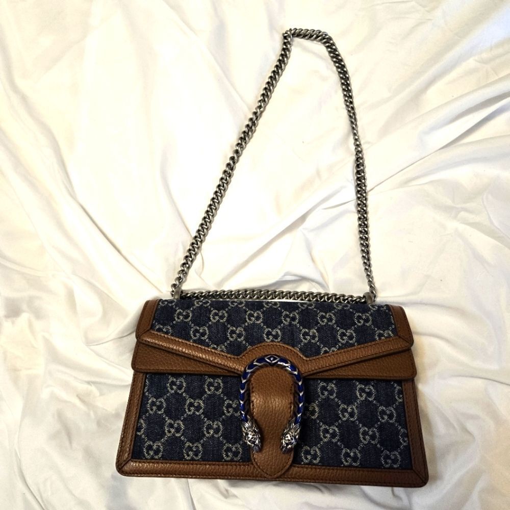 GUCCI Dionysus GG Denim Shoulder Bag Blue Brown Shoulder Chain - Picture 3 of 16